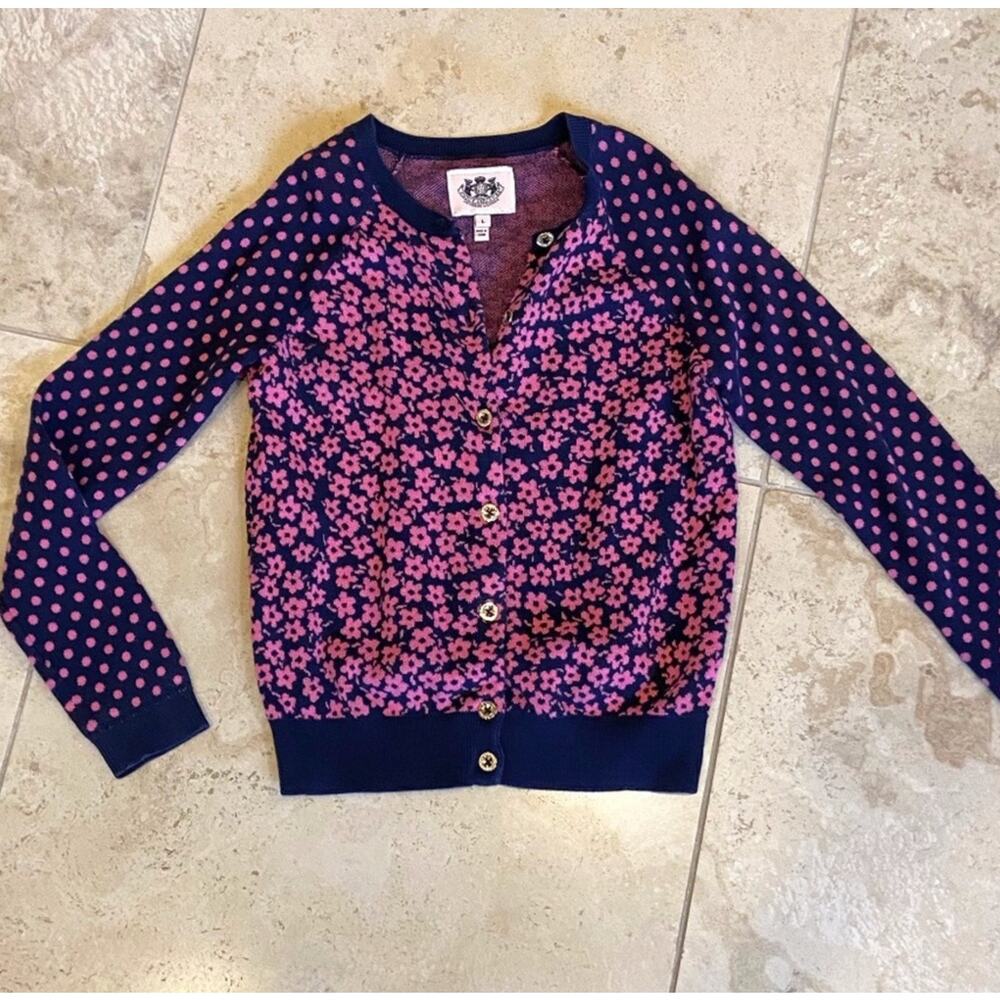 Juicy Couture girl navy/pink flowers & polka dots cardigan L/10-12y